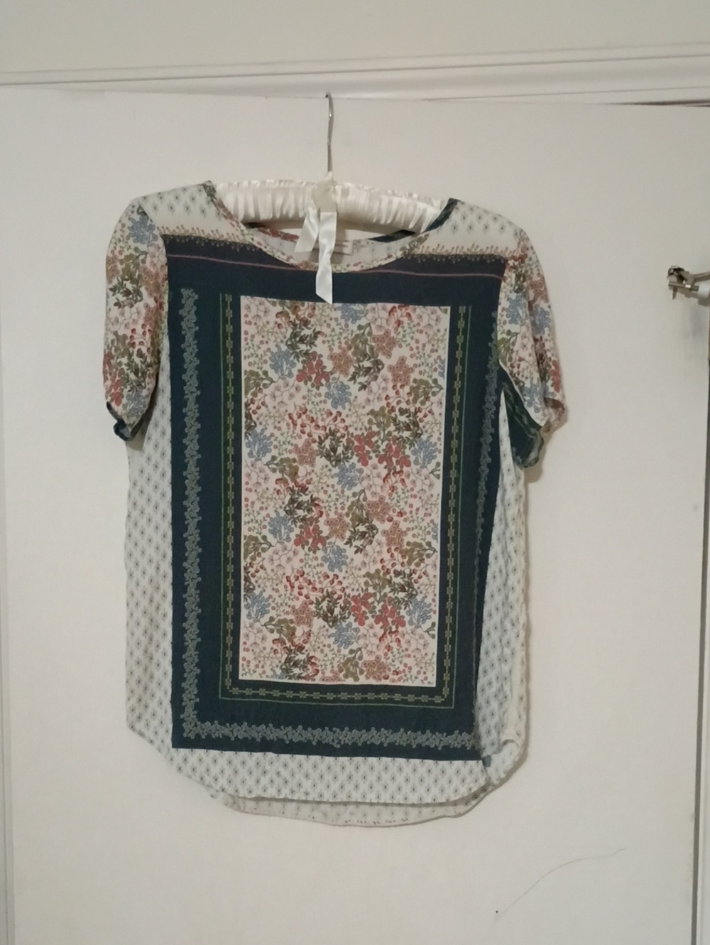 Lavender Brown Floral Panel Handkerchief Print Short-Sleeve Blouse - Navy/Ivory